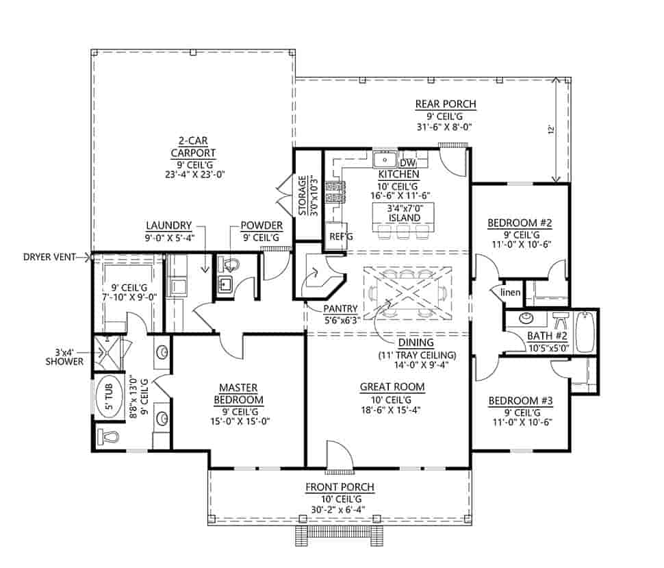 Country, Ranch House Plan 41459 with 3 Beds, 3 Baths, 2 Car Garage Picture 3