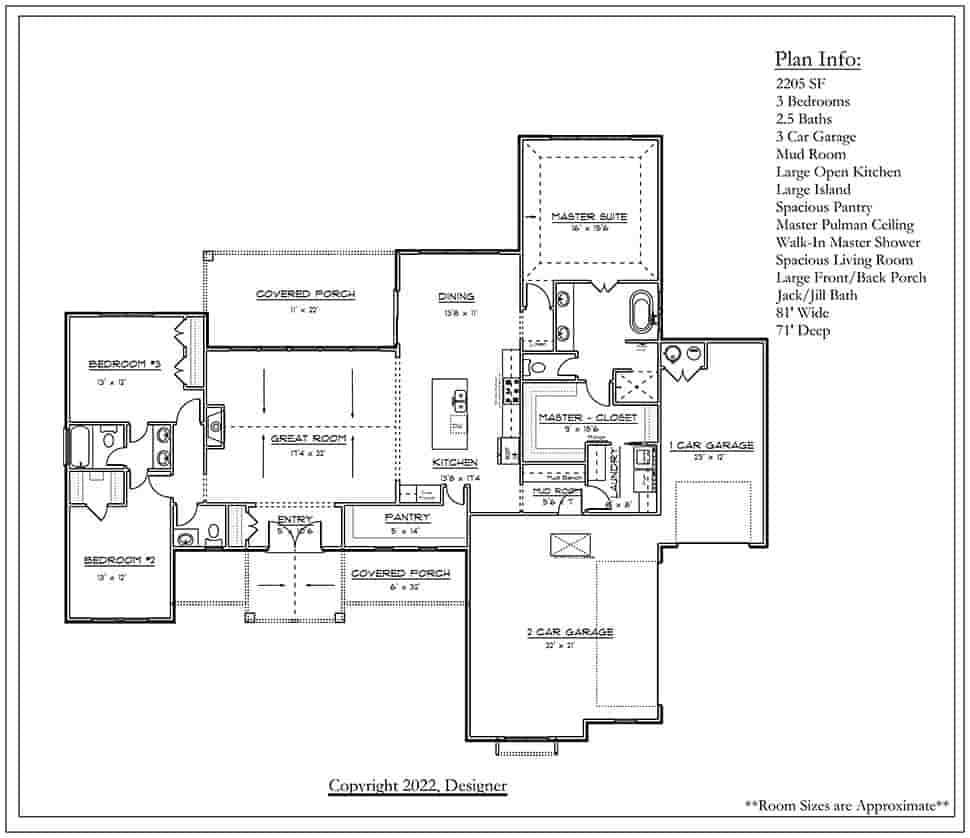 Cottage, Craftsman, Farmhouse House Plan 43803 with 3 Beds, 3 Baths, 3 Car Garage Picture 3