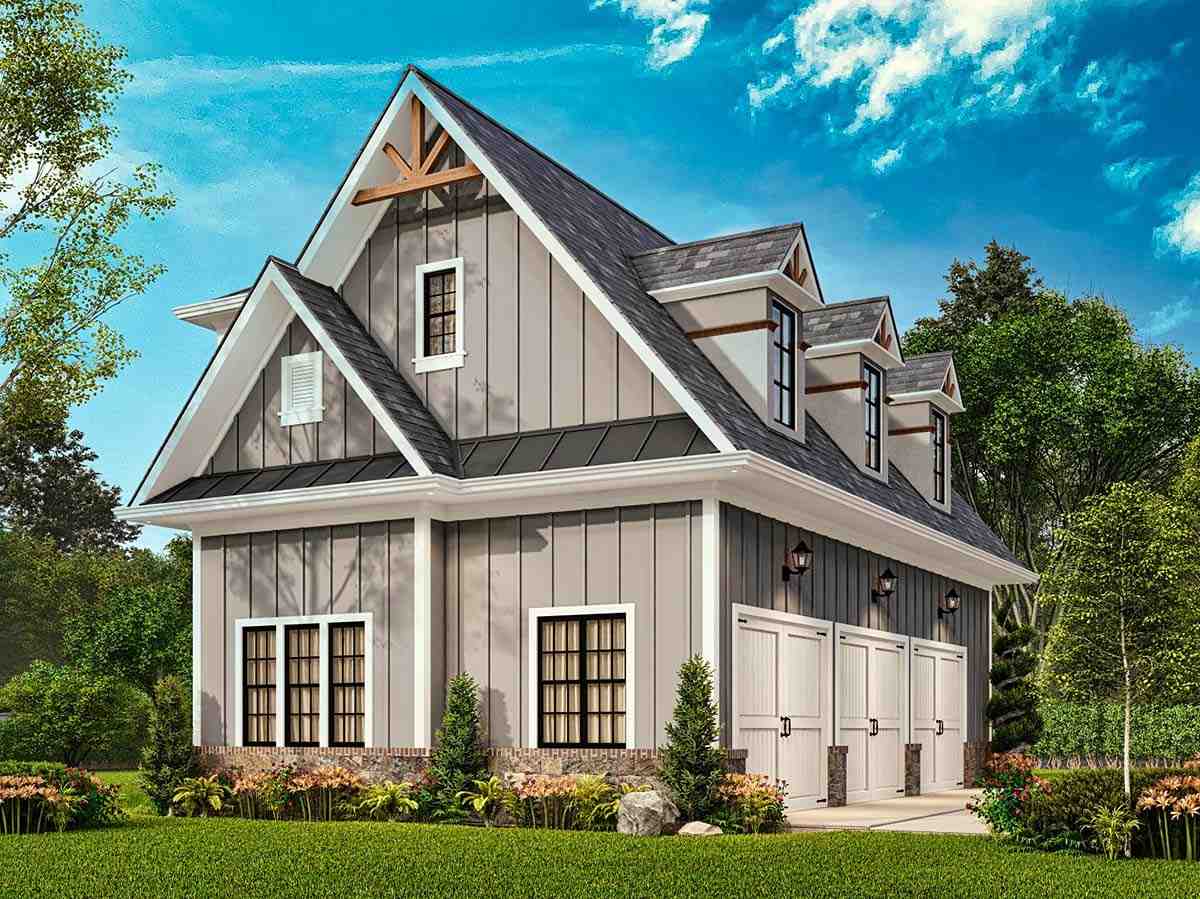 Bungalow, Craftsman, Traditional Garage-Living Plan 81653 with 1 Beds, 1 Baths, 3 Car Garage Picture 2