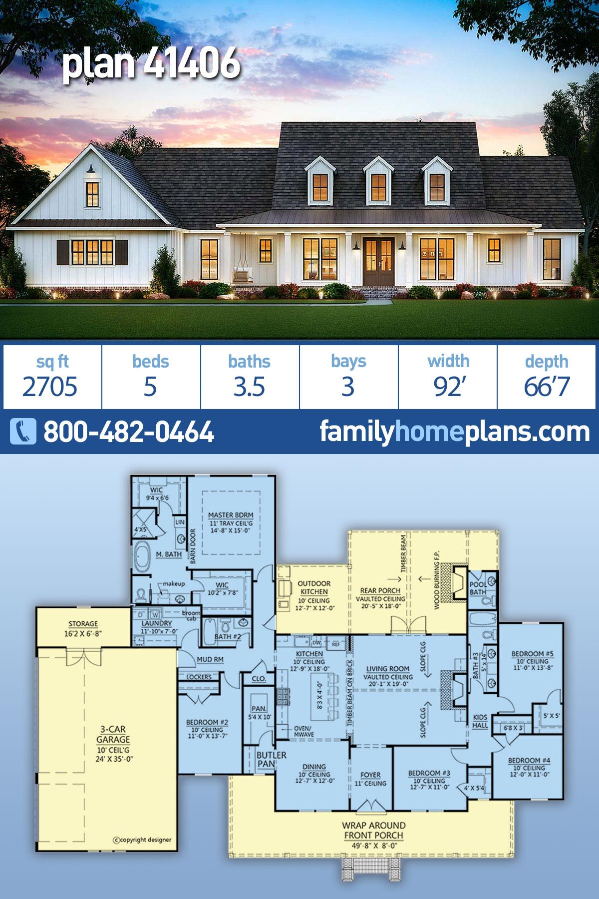 House Plan 41406 - Farmhouse Style with 2705 Sq Ft, 5 Bed, 3 Bath, 1 ...