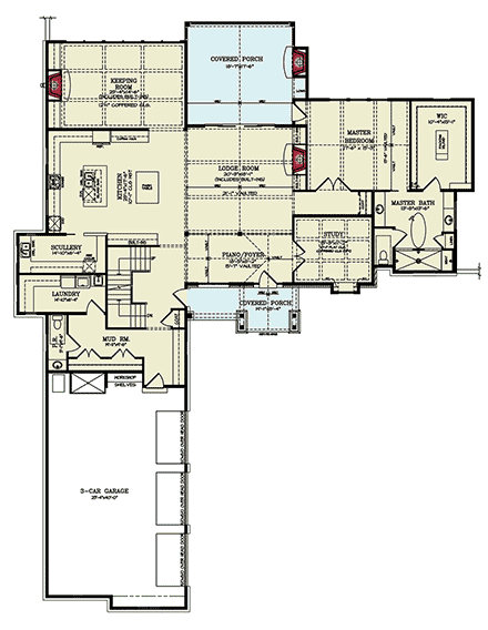 Contemporary, Craftsman, Farmhouse House Plan 100206 with 3 Beds, 4 Baths, 3 Car Garage First Level Plan