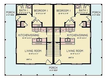 Country, Traditional Multi-Family Plan 100212 with 6 Beds, 6 Baths First Level Plan