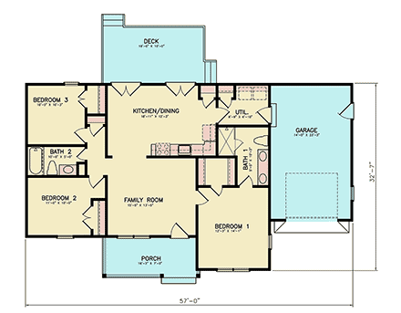 Bungalow, Ranch, Traditional House Plan 100216 with 3 Beds, 2 Baths, 1 Car Garage First Level Plan