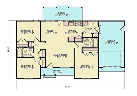 Bungalow, Country, Ranch, Traditional House Plan 100217 with 3 Beds, 2 Baths, 1 Car Garage First Level Plan