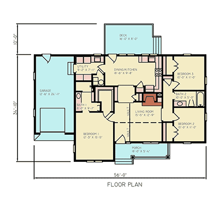 Cottage, Country, Ranch House Plan 100226 with 3 Beds, 2 Baths, 1 Car Garage First Level Plan