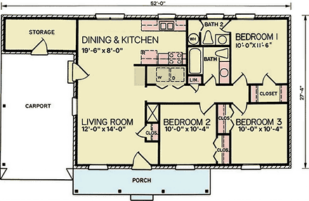 Ranch, Traditional House Plan 100241 with 3 Beds, 2 Baths, 1 Car Garage First Level Plan
