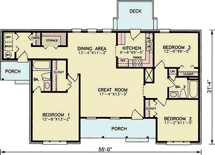 Ranch, Traditional House Plan 100242 with 3 Beds, 2 Baths First Level Plan