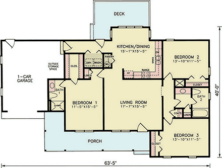 Cottage, Country, Ranch, Traditional House Plan 100245 with 3 Beds, 2 Baths, 1 Car Garage First Level Plan