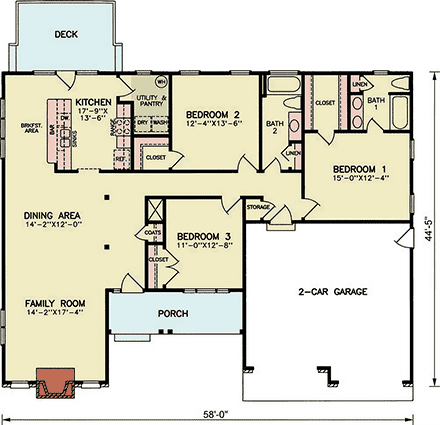 Bungalow, Craftsman, Traditional House Plan 100246 with 3 Beds, 2 Baths, 2 Car Garage First Level Plan