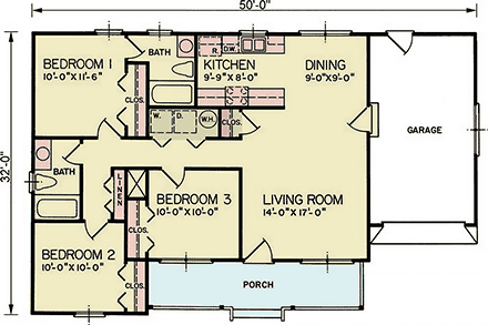 Ranch, Traditional House Plan 100247 with 3 Beds, 2 Baths, 1 Car Garage First Level Plan