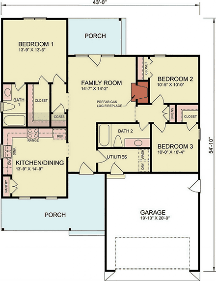 Country, Traditional House Plan 100248 with 3 Beds, 2 Baths, 2 Car Garage First Level Plan