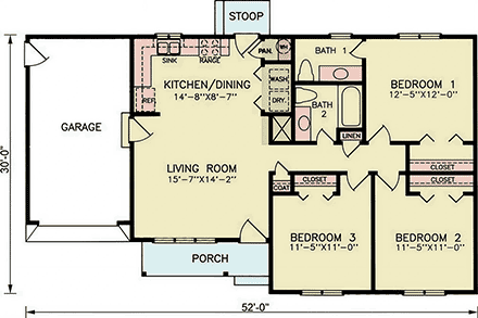 Ranch, Traditional House Plan 100249 with 3 Beds, 2 Baths, 1 Car Garage First Level Plan