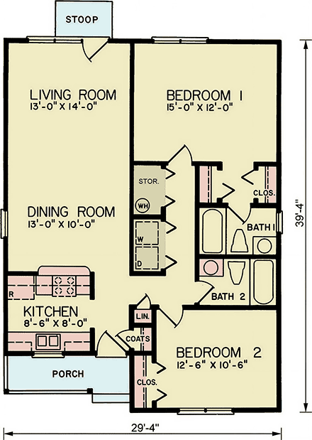 Cottage, Traditional House Plan 100250 with 2 Beds, 2 Baths First Level Plan