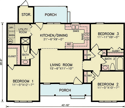 Ranch, Traditional House Plan 100251 with 3 Beds, 2 Baths First Level Plan
