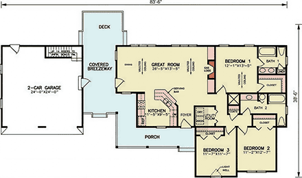 Bungalow, Traditional House Plan 100256 with 3 Beds, 2 Baths, 2 Car Garage First Level Plan