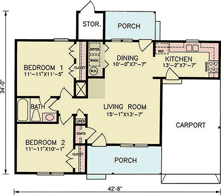 Ranch, Traditional House Plan 100257 with 2 Beds, 1 Baths, 1 Car Garage First Level Plan