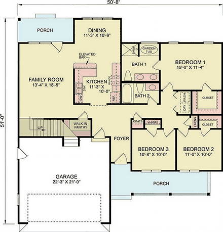 Bungalow, Traditional House Plan 100258 with 3 Beds, 2 Baths, 1 Car Garage First Level Plan