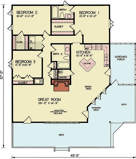 Bungalow, Cabin, Traditional House Plan 100259 with 3 Beds, 2 Baths First Level Plan
