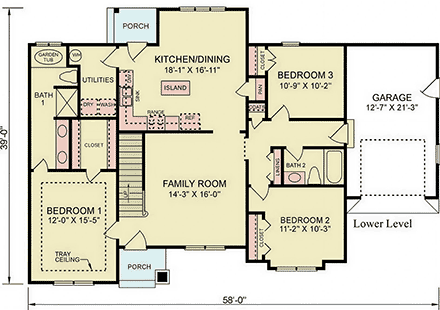 Ranch, Traditional House Plan 100261 with 3 Beds, 2 Baths, 1 Car Garage First Level Plan