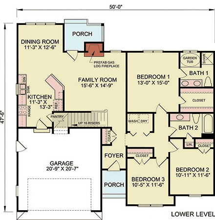 Bungalow, Ranch House Plan 100262 with 3 Beds, 2 Baths, 2 Car Garage First Level Plan