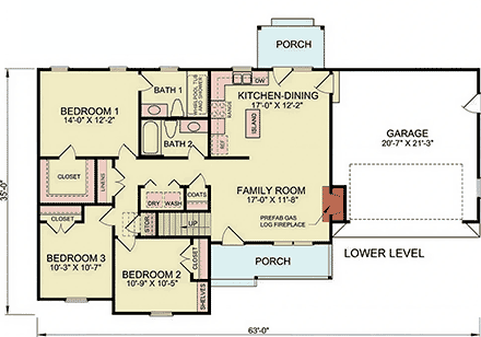 Country, Traditional House Plan 100264 with 3 Beds, 2 Baths, 2 Car Garage First Level Plan
