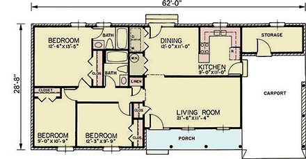 Ranch, Traditional House Plan 100265 with 3 Beds, 2 Baths, 1 Car Garage First Level Plan