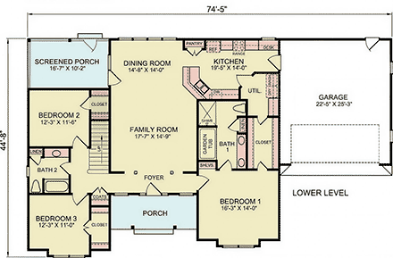 Ranch, Traditional House Plan 100266 with 3 Beds, 2 Baths, 2 Car Garage First Level Plan