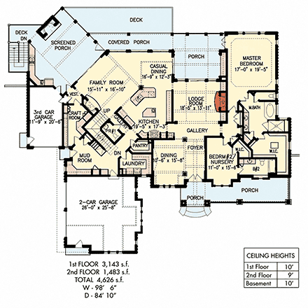 Craftsman, European, French Country, Ranch House Plan 100269 with 5 Beds, 5 Baths, 3 Car Garage First Level Plan