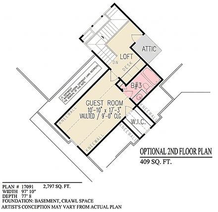 Cottage, Country, Craftsman, European, Ranch, Traditional House Plan 100274 with 3 Beds, 3 Baths, 2 Car Garage Second Level Plan