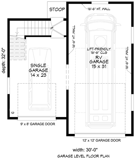 Bungalow, Country, Craftsman 2 Car Garage Apartment Plan 100301, RV Storage First Level Plan