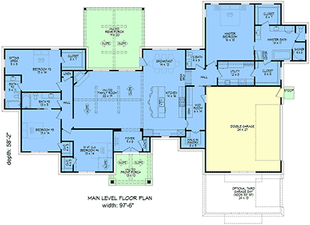 Country, Craftsman, Farmhouse, Ranch, Traditional House Plan 100306 with 4 Beds, 4 Baths, 2 Car Garage First Level Plan