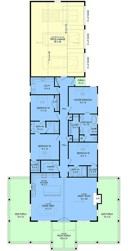Country, Farmhouse House Plan 100325 with 4 Beds, 3 Baths, 3 Car Garage First Level Plan