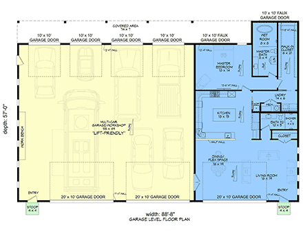 Contemporary, Modern Garage-Living Plan 100332 with 1 Beds, 2 Baths, 6 Car Garage First Level Plan