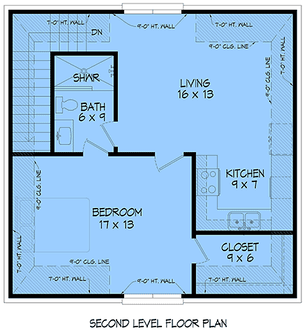 Traditional Garage-Living Plan 100341 with 1 Beds, 1 Baths, 2 Car Garage Second Level Plan