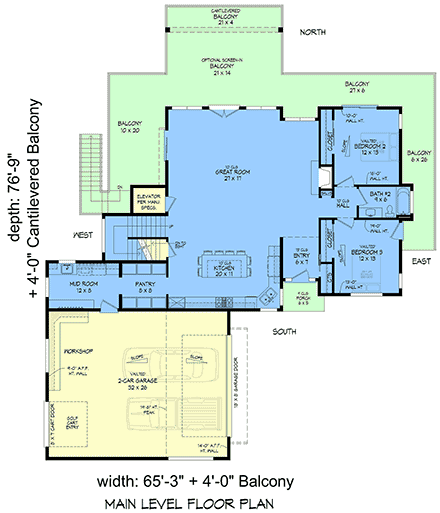 Contemporary, Modern House Plan 100357 with 3 Beds, 2 Baths, 2 Car Garage First Level Plan