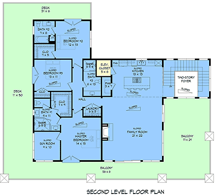 Coastal, Contemporary, Modern House Plan 100360 with 3 Beds, 4 Baths, 6 Car Garage Second Level Plan