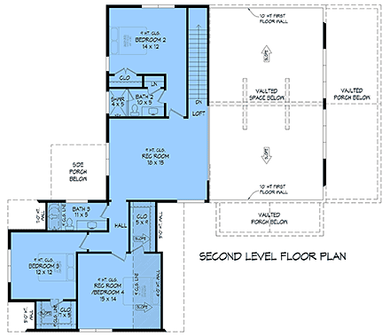 Country, French Country, New American, Prairie, Ranch, Traditional House Plan 100364 with 4 Beds, 4 Baths, 3 Car Garage Second Level Plan