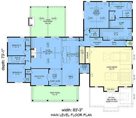 Contemporary, Country, Farmhouse House Plan 100374 with 3 Beds, 3 Baths, 2 Car Garage First Level Plan