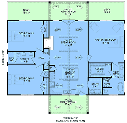 Country, Craftsman, Ranch House Plan 100376 with 3 Beds, 2 Baths First Level Plan