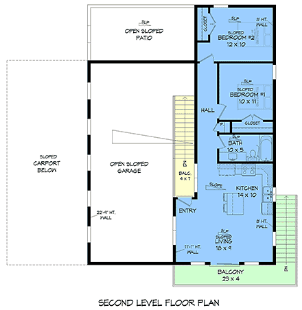 Contemporary Garage-Living Plan 100379 with 2 Beds, 1 Baths, 3 Car Garage Second Level Plan