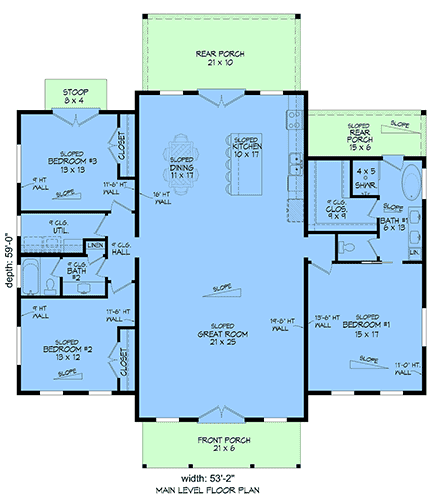 Country House Plan 100382 with 3 Beds, 2 Baths First Level Plan