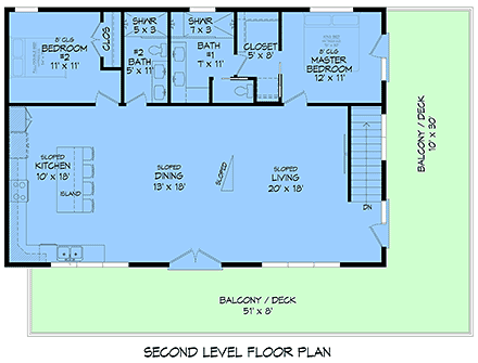 Contemporary, Modern Garage-Living Plan 100389 with 3 Beds, 3 Baths, 2 Car Garage Second Level Plan
