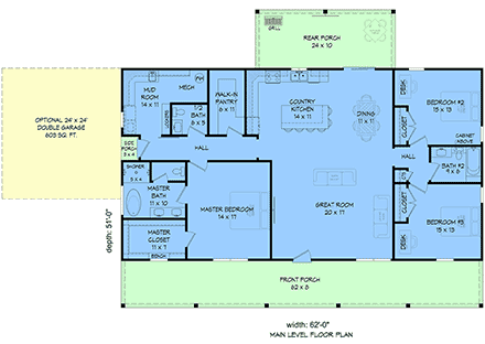 Country, Farmhouse, Ranch House Plan 100394 with 3 Beds, 3 Baths First Level Plan