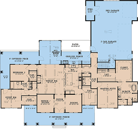 Country, Farmhouse, Southern House Plan 100400 with 3 Beds, 3 Baths, 3 Car Garage First Level Plan