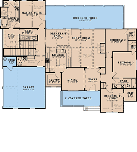 Country, Farmhouse House Plan 100418 with 4 Beds, 4 Baths, 2 Car Garage First Level Plan