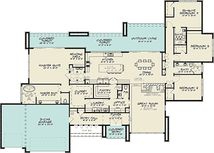 Modern, Prairie House Plan 100420 with 4 Beds, 4 Baths, 3 Car Garage First Level Plan