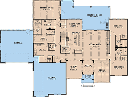 European, Traditional House Plan 100427 with 3 Beds, 5 Baths, 4 Car Garage First Level Plan