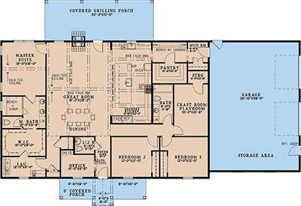 Barndominium, Farmhouse, Southern House Plan 100433 with 3 Beds, 3 Baths, 2 Car Garage First Level Plan