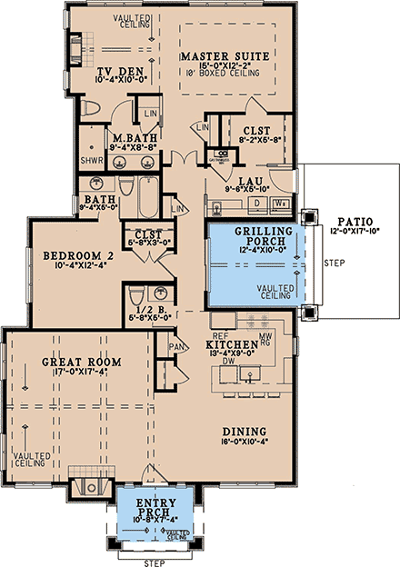 Bungalow, Cottage, European House Plan 100463 with 2 Beds, 3 Baths First Level Plan