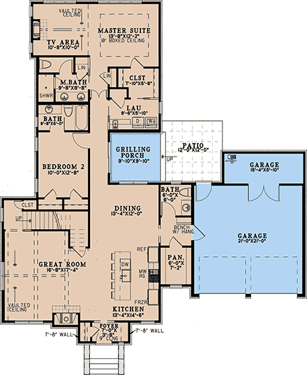 Bungalow, Cottage, European House Plan 100464 with 3 Beds, 4 Baths, 2 Car Garage First Level Plan